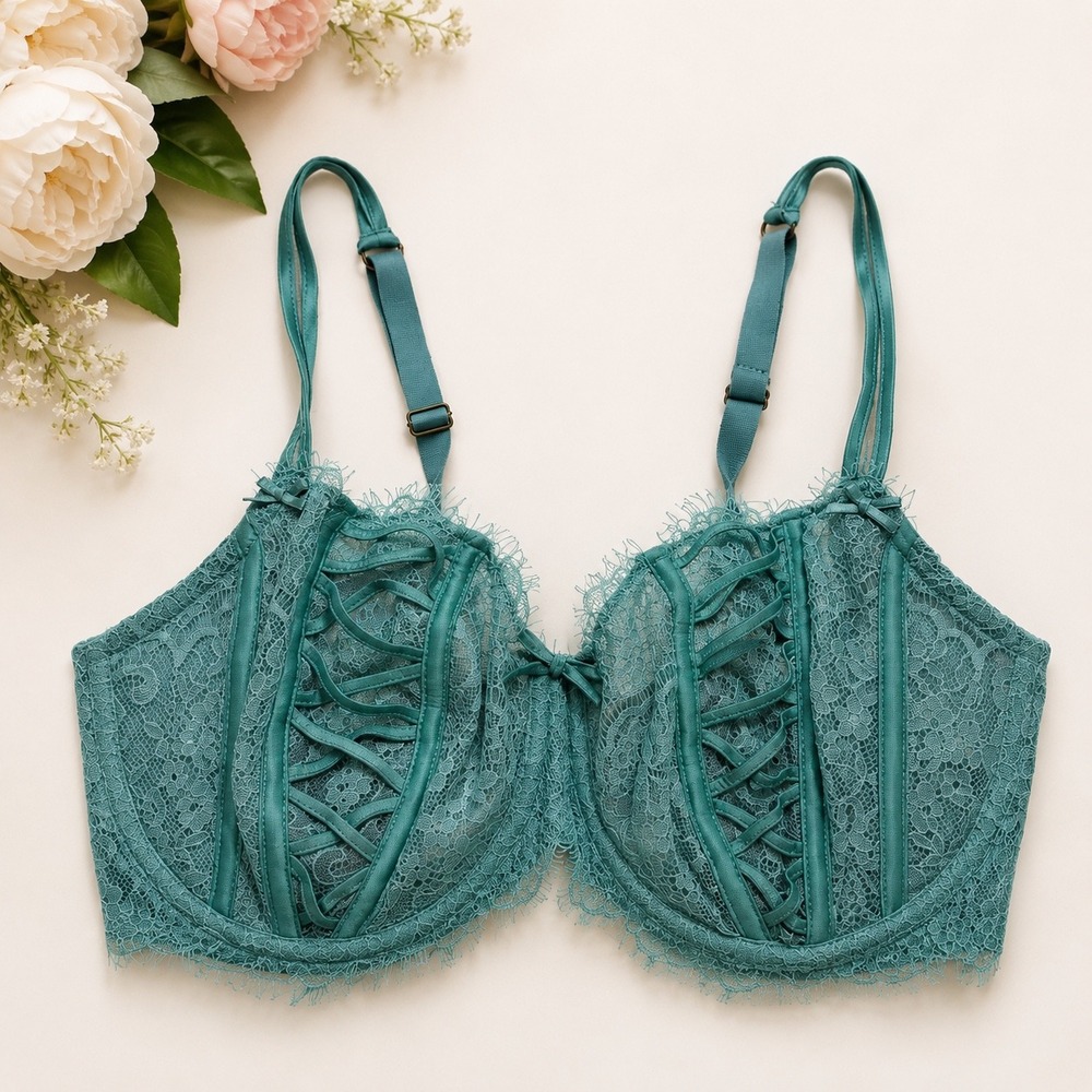Victoria's Secret Teal Lace Corset Balconette Underwire Bra 38DD Coquette